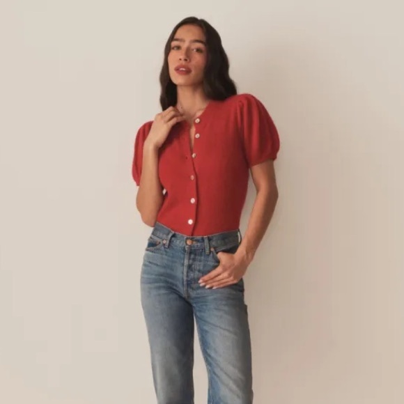 NWT Doen Anisa Wool Alpaca Button Short Puff Sleeve Cardigan Sweater Cerise Red - Picture 4 of 12